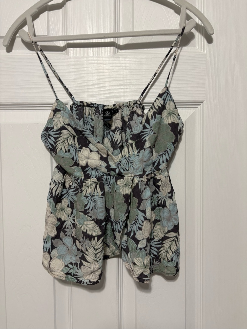 Volcom Black Floral Spaghetti-Strap Crop Top with Sage and Light Blue Print